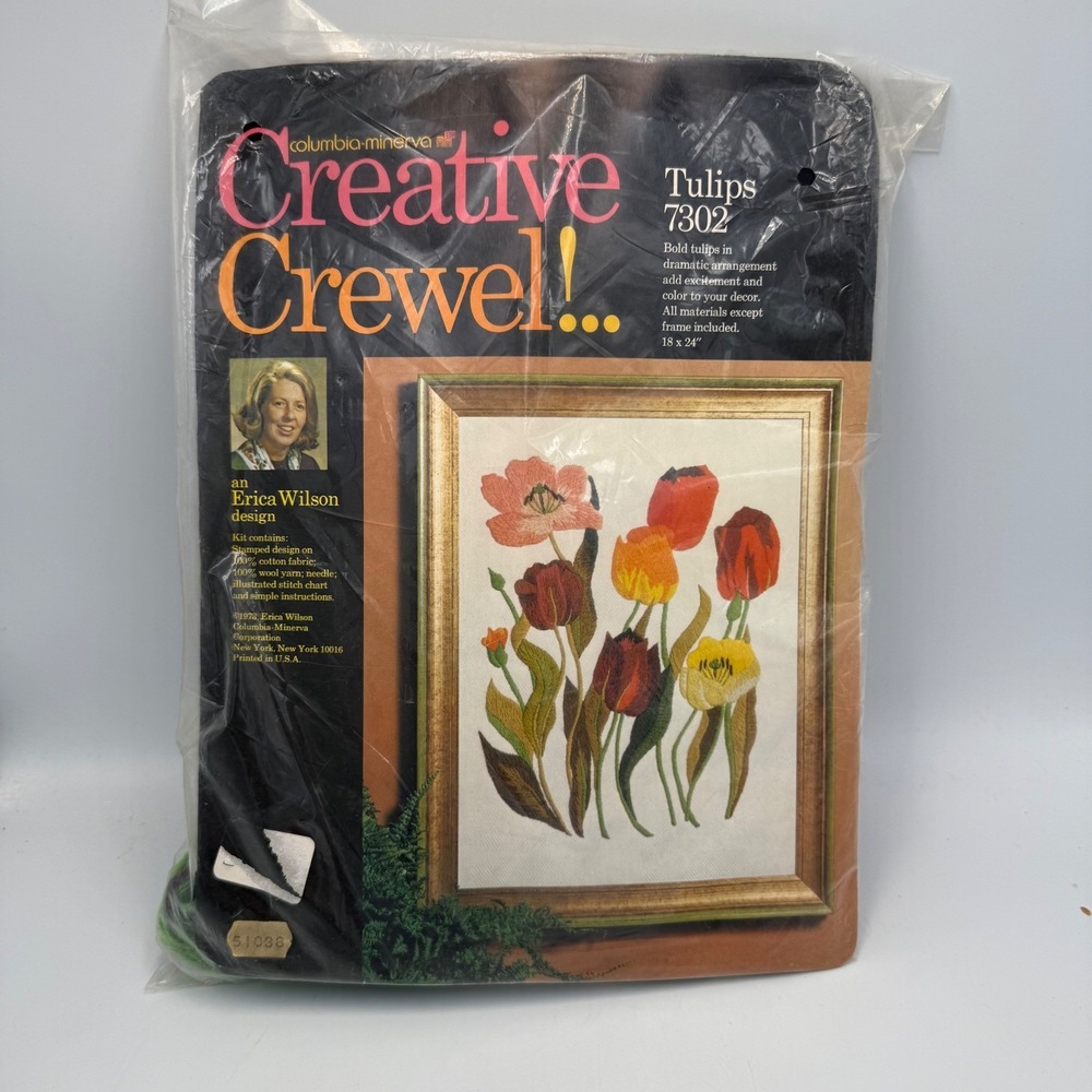 Vintage 1973 Erica Wilson Creative Crewel Kit Tulips 7302 Columbia-Minerva 18x24